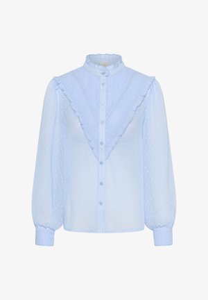 Hellblaue Bluse mit langen Ärmeln, Biesen- und Rüschen-Details, die eine V-Form auf der Vorderseite bilden, mit Knopfleiste und hohem Rüschenkragen.