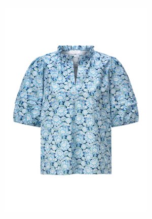 Blue floral blouse with puffed three-quarter sleeves, ruffled collar, and front slit neckline.