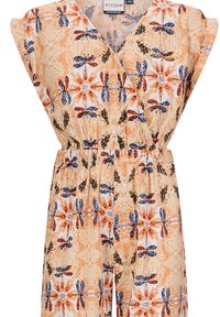 Bloemmotief jumpsuit in een perzik-oranje stof. Kenmerken zijn korte mouwen, een wikkelontwerp en een elastische taille voor een getailleerd silhouet.
