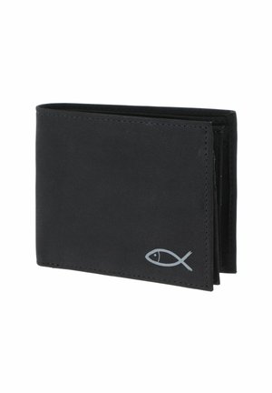 Portefeuille noir bifold avec un petit symbole de poisson argenté dans le coin inférieur droit, montré partiellement ouvert sur fond blanc.