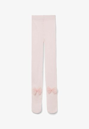 Leggings rose clair en tissu doux, ornés de deux nœuds transparents décoratifs avec des pois au niveau des genoux. Conçus pour le confort et un bon ajustement.