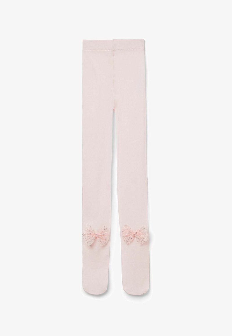 Jasnoróżowe legginsy wykonane z miękkiego materiału, z dwoma dekoracyjnymi przezroczystymi kokardami w kropki na wysokości kolan. Zaprojektowane z myślą o komforcie i dopasowaniu.