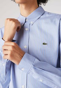 Camicia a righe blu e bianche con colletto a punta, dotata di bottoni bianchi e di un piccolo logo verde sul petto.