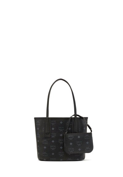 Borsa a spalla in pelle nera con motivo logo in rilievo, doppio manico e pochette piccola staccabile. Texture liscia con forma strutturata.