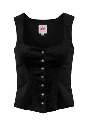 Black velvet sleeveless top with a square neckline, featuring a row of silver-tone buttons down the front and a fitted design.