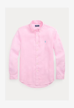 Długa koszula z bawełny w pastelowym różu z kołnierzykiem zapinanym na guziki, z małym niebieskim haftowanym logo na piersi oraz zaokrąglonym dołem.