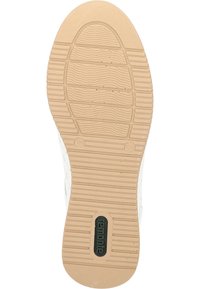 Weiße Gummisohle mit strukturierten Rillen und Erhebungen. Ein auffälliges Markenlogo ist vorhanden, und Größe 37 ist nahe der Ferse angegeben.