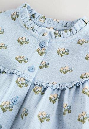 Robe bleu clair avec un motif floral, un col à volants et des boutons. Fabriquée en tissu texturé avec des fleurs brodées roses et bleues.