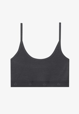 Bralette cinza sem costuras com alças finas, uma textura suave e uma faixa com um padrão de logotipo discreto na parte inferior. Sem fechos.