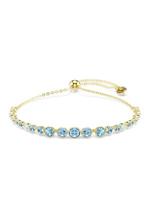 Bracelet chaîne en or avec pierres précieuses bleues rondes alignées, fermoir coulissant ajustable, présenté sur fond blanc.