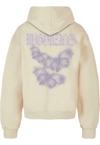 Cremefarvet hættebluse med et stort lilla sommerfugl-tryk på ryggen og tekst, der siger "MIGONZAIC." Blød tekstur, afslappet design.