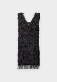 Μαύρο αμάνικο τοπ με βαθύ V ντεκολτέ, με υφασμένο σχέδιο με κρόσσια σε όλη την επιφάνεια, που καταλήγει σε ίσια γραμμή.