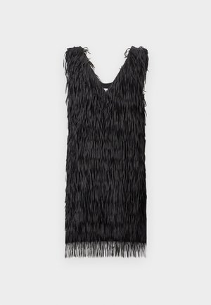 Μαύρο αμάνικο τοπ με βαθύ V ντεκολτέ, με υφασμένο σχέδιο με κρόσσια σε όλη την επιφάνεια, που καταλήγει σε ίσια γραμμή.