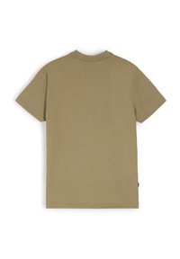 Khaki T-shirt z okrągłym dekoltem i krótkimi rękawami. Wykonana z gładkiego materiału, z małym detalem naszywki nad dekoltem.