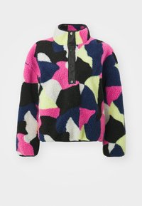 Fleece pullover med et multicolorer abstrakt mønster i sort, pink, blå, grøn og hvid. Høj krave med trykknap lukning.