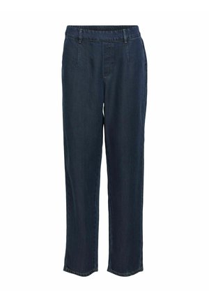 Donkerblauwe denim broek met een elastische tailleband, recht gesneden pijpen, zijzakken en dubbel stiksel langs de naden.