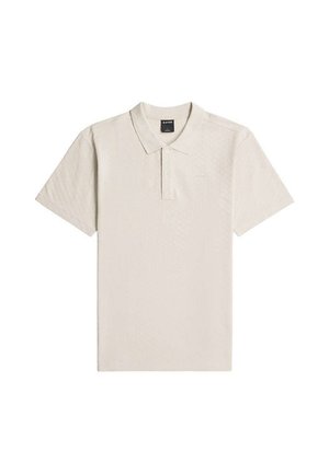 Polo beige à manches courtes avec trois boutons et un col, posé à plat sur fond blanc.