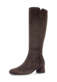 Brown suede kniehoge laars met een ronde neus en een blokhak, met een gladde textuur en een naadloos ontwerp met subtiele stikdetails.
