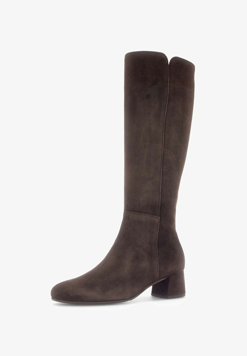 Brown suede kniehoge laars met een ronde neus en een blokhak, met een gladde textuur en een naadloos ontwerp met subtiele stikdetails.