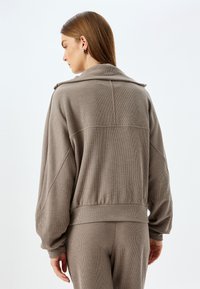 Harmahtava tekstuurilla varustettu sweatshirt, jossa on leveä kaulus, pudotetut olkapäät ja resorit hihansuissa. Mukana on kapea vyötärö ja yksityiskohtainen sauman suunnittelu.