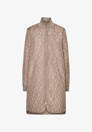 Jasnobrązowy pikowany długi płaszcz z diamentowym wzorem, ściągacze na rękawach i wysoki kołnierz. Zamek błyskawiczny z przodu i kieszenie boczne. Gładka satynowa tekstura.