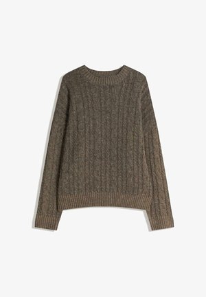 Dikke gebreide trui in een gedempt bruine kleur, met een geribde halslijn en zoom, lange mouwen en een gestructureerd patroon overal.