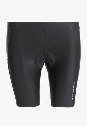 Schwarze Kompressionsshorts aus glattem, dehnbarem Material, mit einer gepolsterten Einlage, flachen Nähten und einem Logo an der Seite.