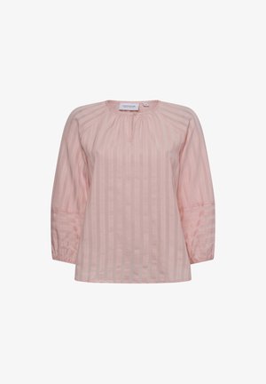 Hellrosa Bluse aus strukturiertem Stoff mit vertikalen Streifen, runder Ausschnitt und dreiviertellangen Ärmeln.