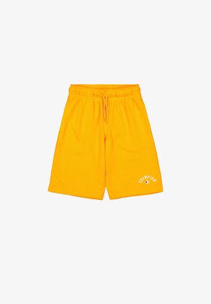 Pantaloni corti Champion di un brillante colore giallo, realizzati in un misto di cotone, con vita elasticizzata, cordoncino e logo sul lato sinistro inferiore.