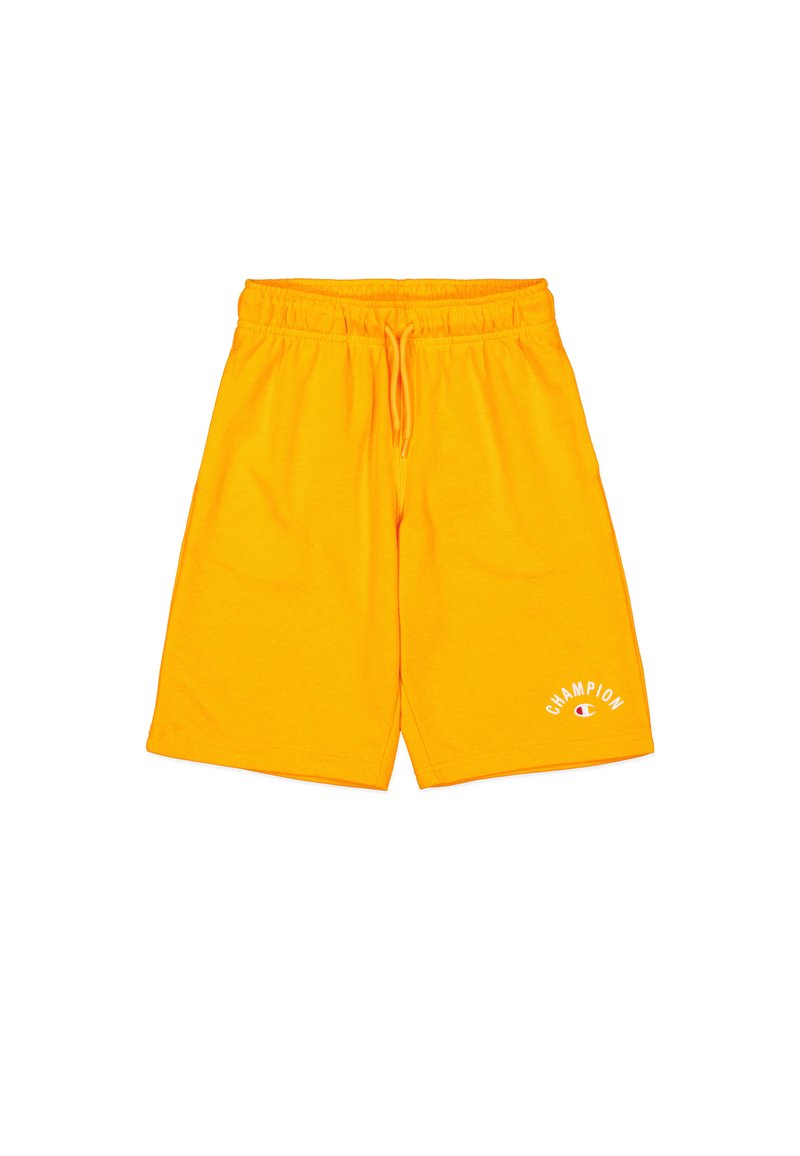 Helle gelbe Champion-Shorts aus einem Baumwollmischgewebe, mit einem elastischen Bund, Kordelzug und Logo auf der unteren linken Seite.