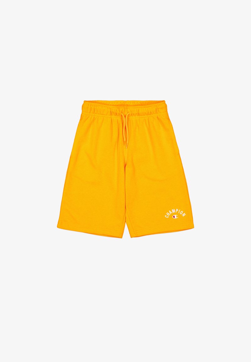 Pantaloni corti Champion di un brillante colore giallo, realizzati in un misto di cotone, con vita elasticizzata, cordoncino e logo sul lato sinistro inferiore.
