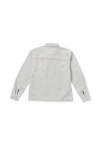 Gray jacket with long sleeves, buttoned cuffs, and a back yoke. Features a collar and side zippers. Made of durable fabric.