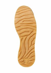 Sohle eines Schuhs aus leicht tannfarbener Gummi, mit einem strukturierten Muster aus wellenförmigen Linien und geometrischen Formen für besseren Halt.