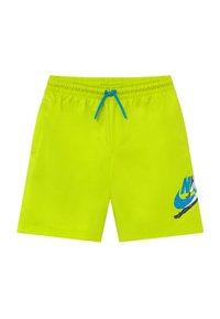 Bañador verde neón con cintura elástica y cordón azul, que presenta un gran logotipo de Nike en negro y azul impreso en el lateral.