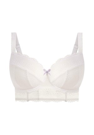 Soutien-gorge blanc avec détails en dentelle, motif floral et petit nœud lavande au centre. Bretelles réglables et large bande en bas.