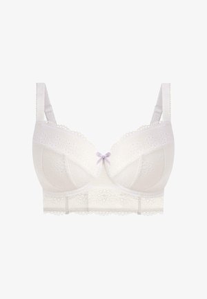 White bra with lace detailing, floral pattern, and a small lavender bow at the center. Adjustable straps and a wide band at the bottom.