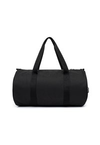 Svart cylindrisk duffelväska gjord av slitstarkt tyg, med två robusta handtag och en toppdragkedja. Texturerad yta utan synliga mönster.