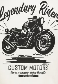 Black motorcycle graphic with distinct features, wheels, and headlights; text reads “Legendary Riders” and “Custom Motors” in bold lettering.
