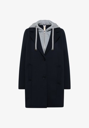 Manteau noir avec insert de sweat à capuche gris zippé, doté de cordons de serrage, deux poches avant, fermeture à boutons et col à revers.