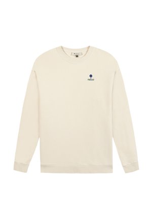 Off-white longsleeve crewneck sweatshirt met klein blauw bomenlogo en "FAGUO"-tekst op de linkerborst.