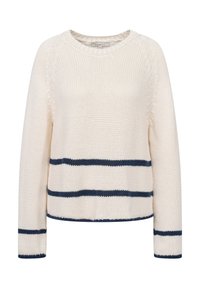 Knitpullover in Creme mit navyblauen horizontalen Streifen. Verfügt über einen runden Halsausschnitt und lange Ärmel, strukturierter Stoff mit lockerer Passform.