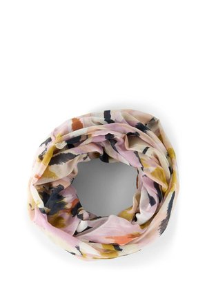 Leichter Stoffschal mit abstraktem Pinselstrichmuster in Pink, Senf, Schwarz und Weiß, in einer kreisförmigen Schlaufe angeordnet.