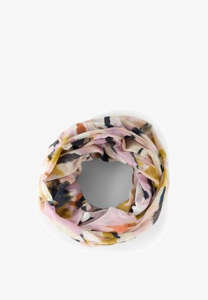 Lichtgewicht stoffen sjaal met abstract penseelstreekpatroon in roze, mosterd, zwart en wit, gerangschikt in een cirkelvormige lus.