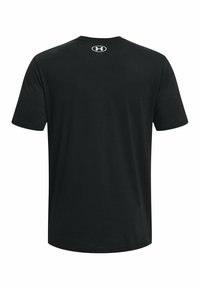 T-shirt in cotone nero con maniche corte, colletto rotondo e texture liscia. Presenta un logo bianco sulla parte posteriore vicino al colletto.