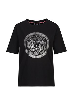 Schwarzes Baumwoll-T-Shirt mit rundem Halsausschnitt und kurzen Ärmeln. Verfügt über einen großen silbernen Löwengrafik innerhalb eines kreisförmigen Rahmens.