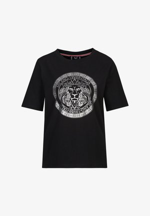 Schwarzes Baumwoll-T-Shirt mit rundem Halsausschnitt und kurzen Ärmeln. Verfügt über einen großen silbernen Löwengrafik innerhalb eines kreisförmigen Rahmens.