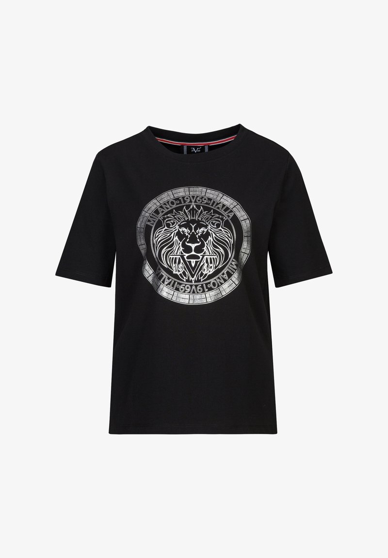 Zwarte katoenen T-shirt met een ronde halslijn en korte mouwen. Bevat een grote zilveren leeuwafbeelding binnen een cirkelvormige rand.