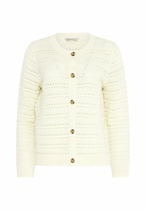 Cardigan en maille crème à manches longues, col rond, rayures horizontales ajourées, et cinq boutons en écaille de tortue sur le devant.