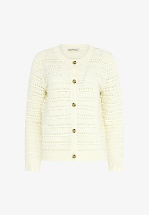 Cardigan en maille crème à manches longues, col rond, rayures horizontales ajourées, et cinq boutons en écaille de tortue sur le devant.