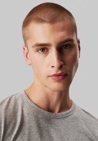 Close-up of a male model wearing a light gray, short-sleeve t-shirt with a round neckline. The fabric appears soft and plain with no patterns.